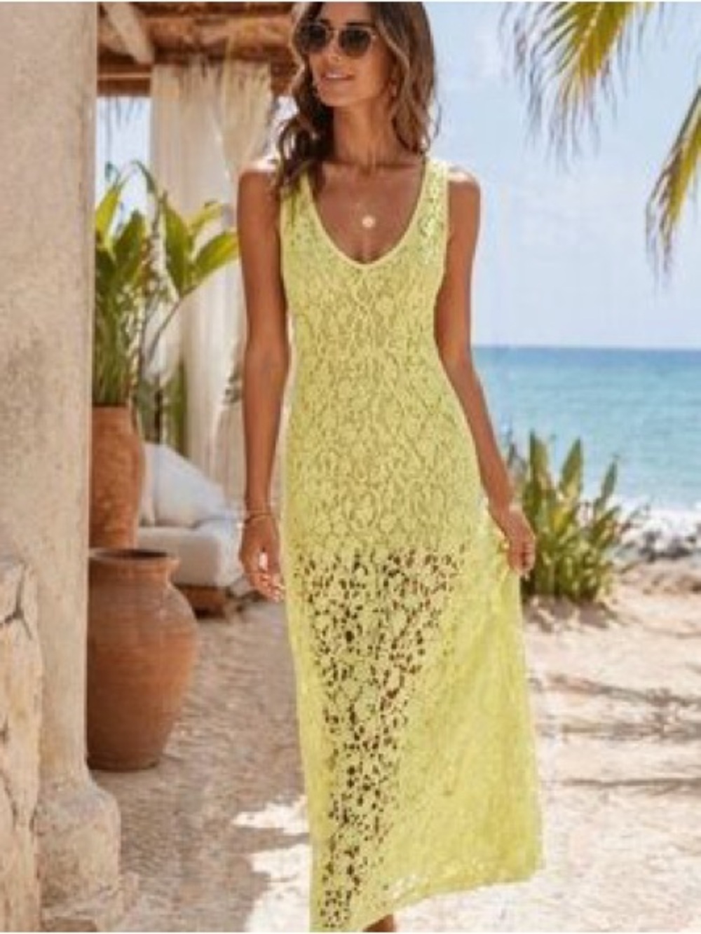 House of Harlow 1960 Lime Green Crochet V-Neck Maxi Dress